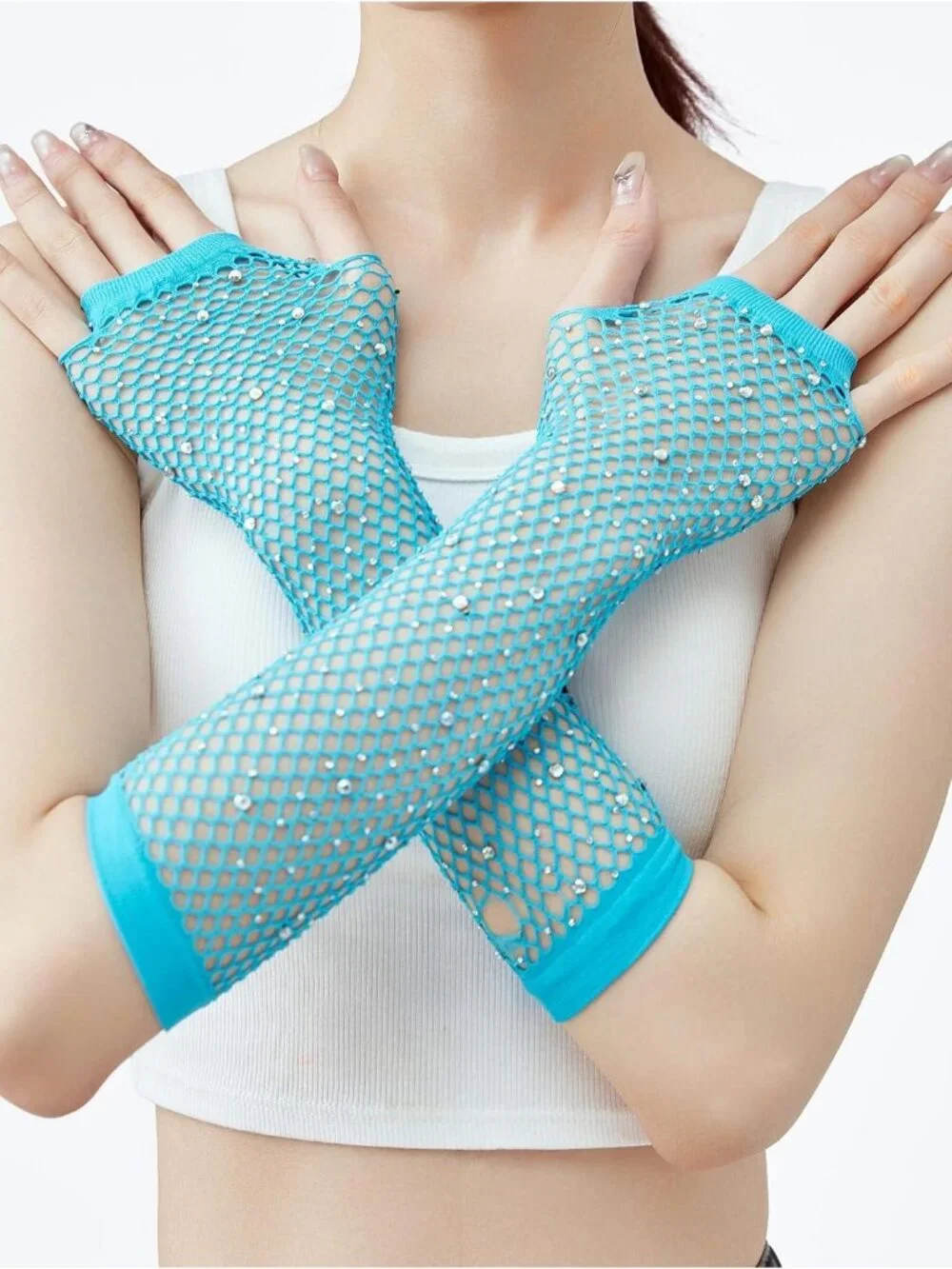 Women's Blue Rhinestone Fishnet Fingerless Gloves 80s Emo Scene Arm Cuffs